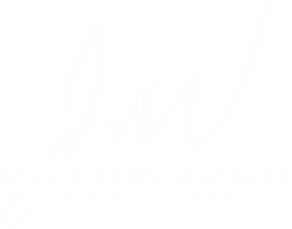 Logo Rechtsanwältin Jella von Wiarda mit Schriftzug Rechtsanwältin und Fachanwältin für Strafrecht, Initialen in Kalligraphie im Hintergrund