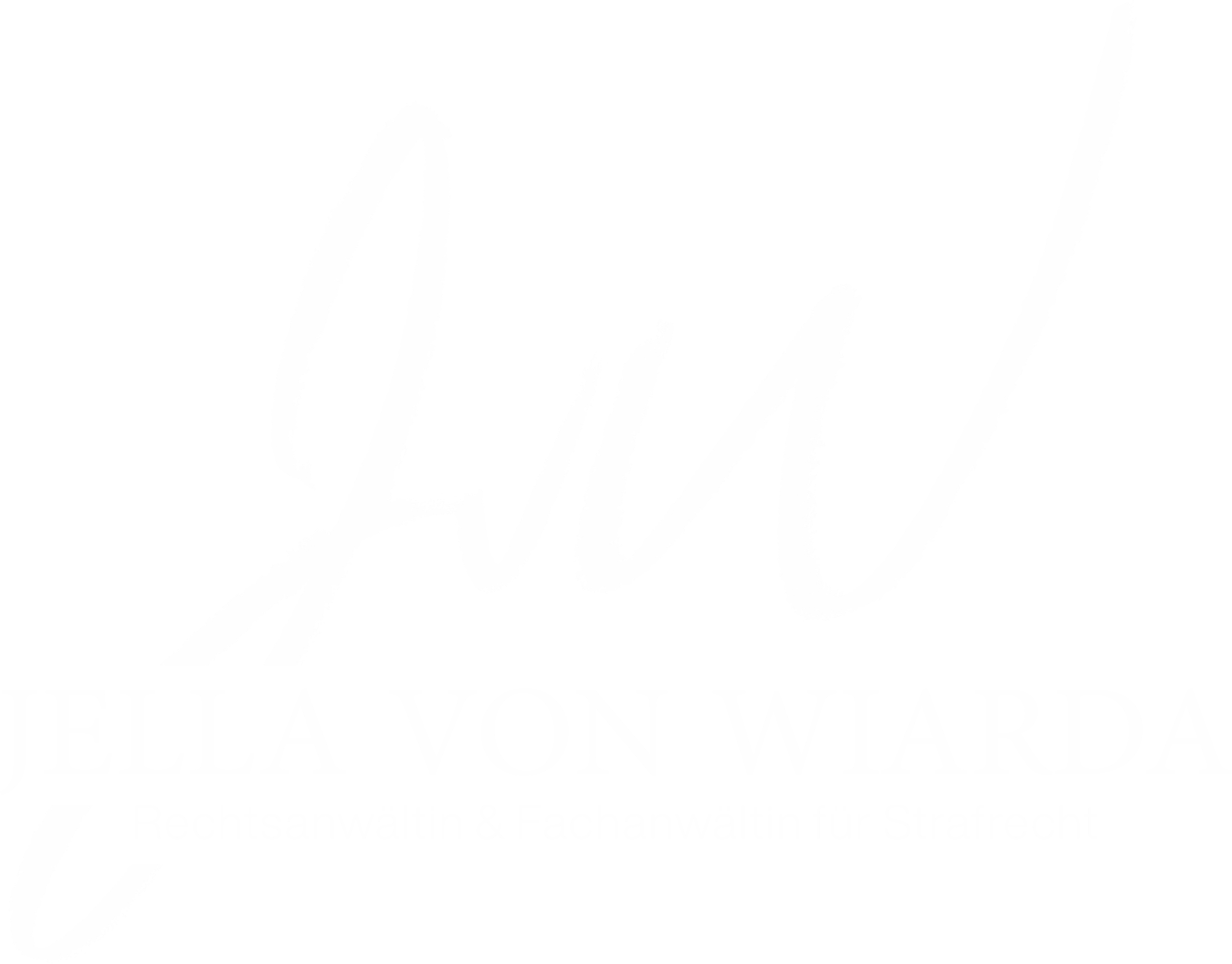 Logo Rechtsanwältin Jella von Wiarda mit Schriftzug Rechtsanwältin und Fachanwältin für Strafrecht, Initialen in Kalligraphie im Hintergrund